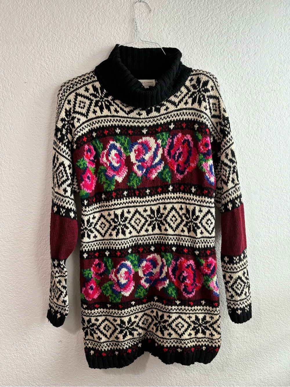 VTG 90s Casual Corner Fair Isle Floral Chunky Knit Sweater Pullover Turtleneck L